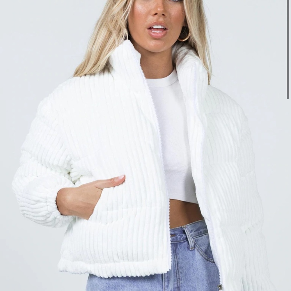 Princess Polly ALEXA CORD PUFFER JACKET WHITE